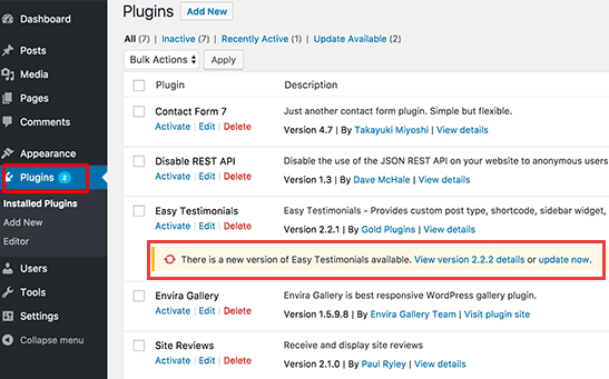 Updating Plugins screen in Wordpress